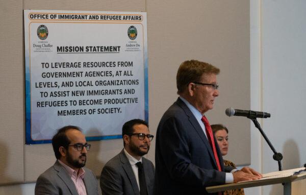 OC Supervisor Doug Chaffee speaks about Orange County's upcoming immigration and refugee center in Santa Ana, Calif., on April 26, 2023. (John Fredricks/The Epoch Times)