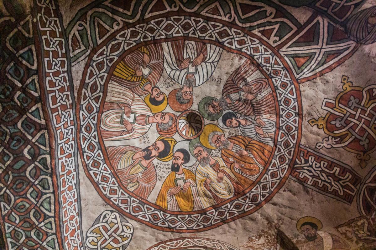 Tempera-based paintings on plaster depict nine of the 12 Apostles in a decorative Christian motif. (Matyas Rehak/Shutterstock)