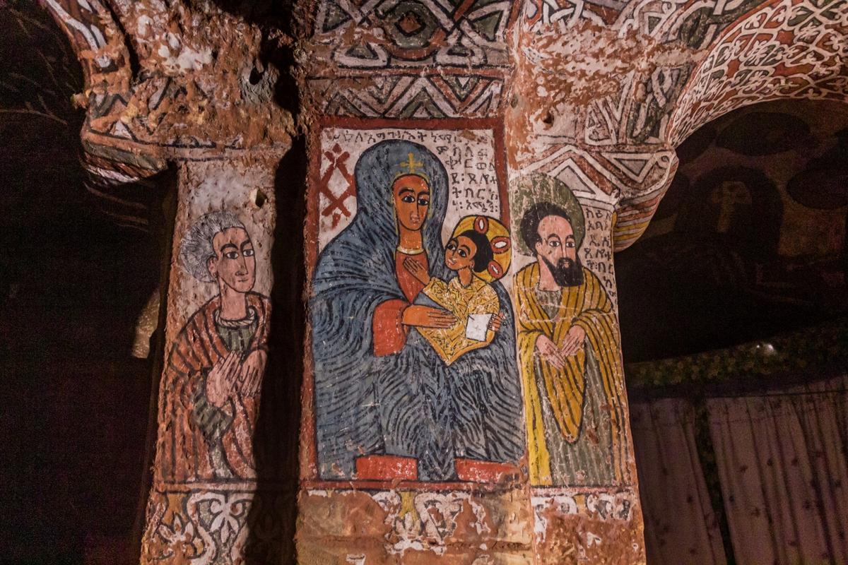 A Christ and Mary motif with apostles on either side on the walls of Abuna Yemata Guh church. (Matyas Rehak/Shutterstock)