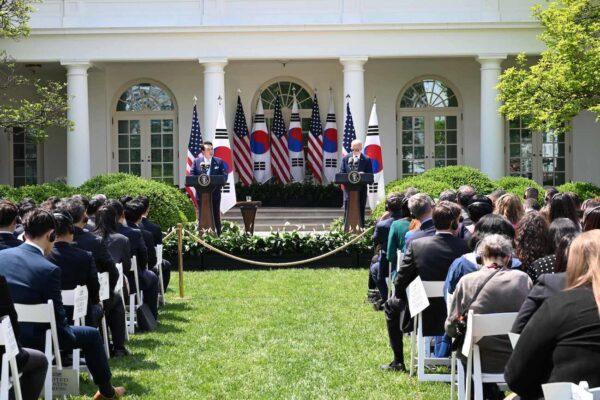 President Joe Biden and South Korean President Yoon Suk Yeol participate in a news conference in the Rose Garden of the White House in Washington, on April 26, 2023. (Jim Watson/AFP via Getty Images)