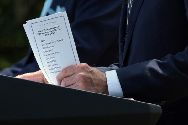 President Joe Biden holds a note card as he delivers remarks during a joint press conference with South Korean President Yoon Suk-yeol in the Rose Garden at the White House, in Washington, on April 26, 2023. (Win McNamee/Getty Images)