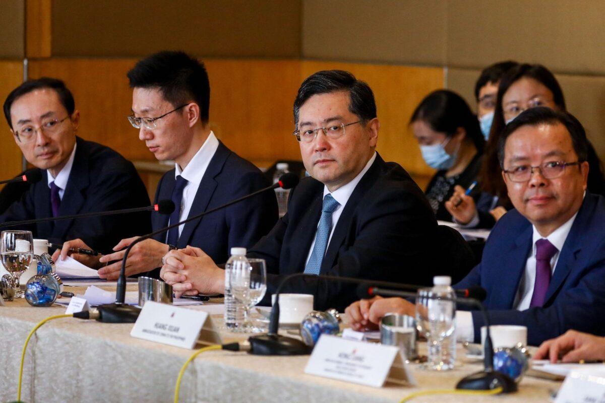 China's Foreign Minister Qin Gang (2nd R) and China's Ambassador to the Philippines Huang Xilian (R) attend a meeting with Philippines Foreign Secretary Enrique Manalo at the Diamond Hotel in Metro Manila on April 22, 2023. (Gerard Carreon/POOL/AFP via Getty Images)