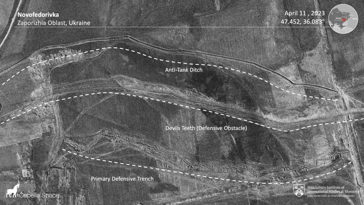 A satellite image shows Novofedorivka with annotated trenching operations in Zaporizhzhia region, Ukraine, on April 11, 2023. (Capella Space/Handout via Reuters)