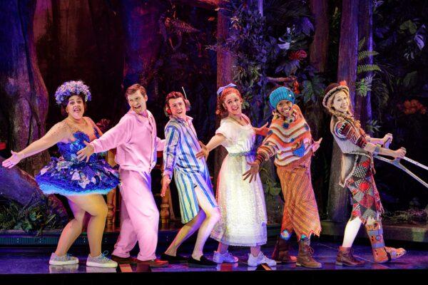 (L–R) Annie (Nancy Zamit), Max (Matthew Cavendish), Dennis (Jonathan Sayer), Sandra (Charlie Russell), Gill (Bianca Horn), and Lucy (Ellie Morris), in “Peter Pan Goes Wrong.” (Jeremy Daniel)