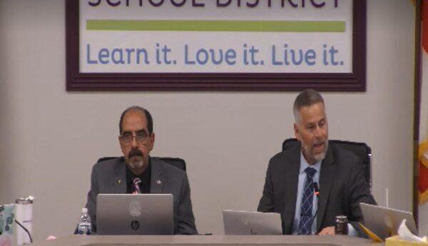 Hernando County School District Superintendent John Stratton (right) delivers a prepared speech at the meeting on April 25, 2022. (Hernando County School District/Screenshot)