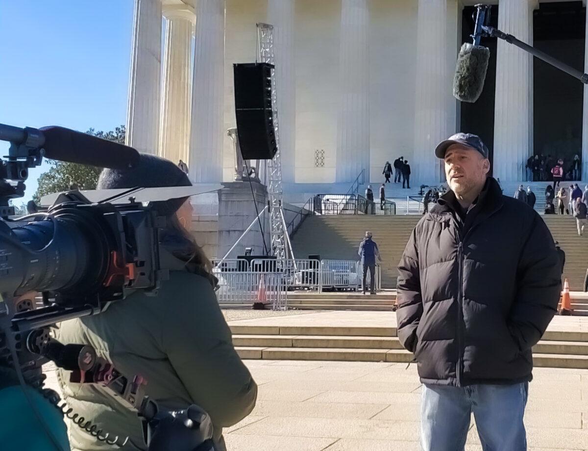 Disney employee Nick Caturano speaks about discrimination against people who refuse the COVID-19 vaccine at the Lincoln Memorial in Washington, in an undated photo. (Courtesy of Nick Caturano)