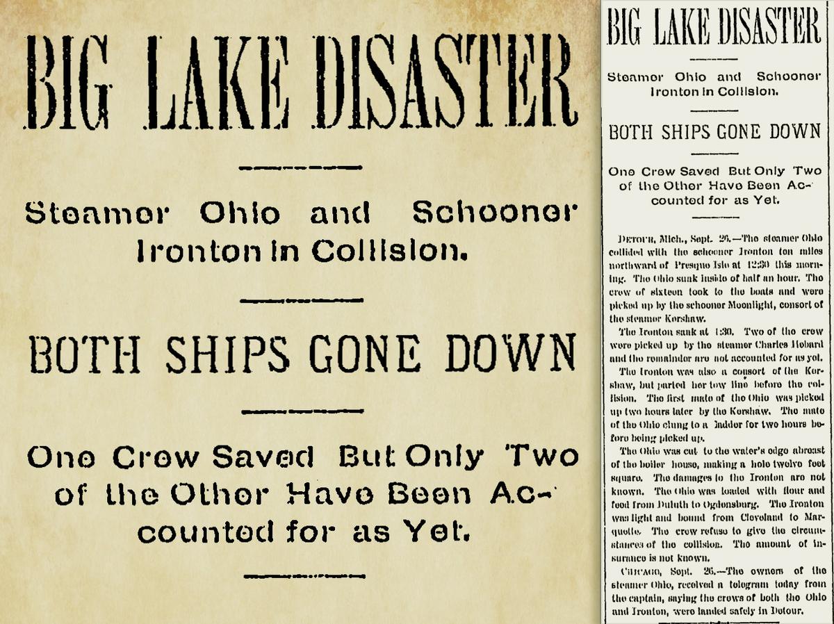 (Left) A news headline from Grand Rapids Press, dated September 26, 1894. (Courtesy of Ocean Exploration Trust/NOAA); (Right) A news headline from Grand Rapids Press, dated September 26, 1894. (Courtesy of Ocean Exploration Trust/NOAA)