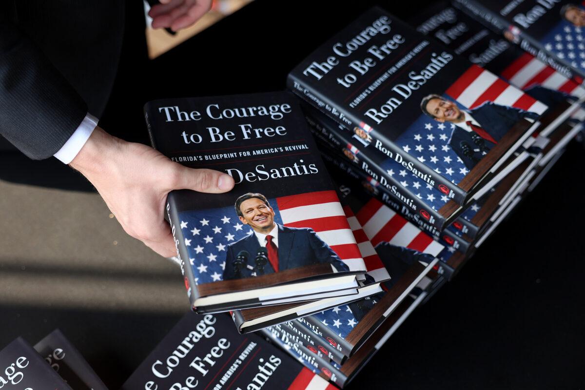 Copies of Florida Gov. Ron DeSantis's book, “The Courage To Be Free: Florida’s Blueprint For America’s Revival” at the Orange County Choppers Road House in Pinellas Park, Fla., on March 8, 2023. (Joe Raedle/Getty Images)