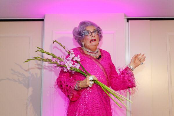 Dame Edna Everage hosts high tea ahead of her My Gorgeous Life national tour in Sydney, Australia, on Sept. 11, 2019. (Lisa Maree Williams/Getty Images)