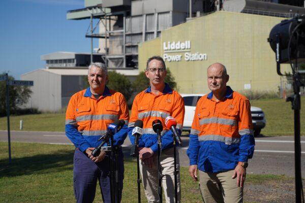 AGL CEO Damien Nicks (middle) speaks to the press at the Liddell Power Station in New South Wales, Australia, on April 28, 2023. (Courtesy of AGL Energy)