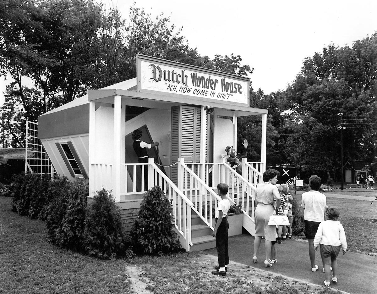 The Dutch Wonder House has enthralled visitors for many years now as they sit on a bench inside the house with the room spinning around them. This mild thrill ride is still in operation today. (Courtesy of Dutch Wonderland)