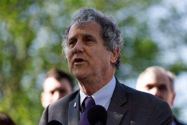 Sen. Sherrod Brown (D-Ohio) speaks at a press conference on the introduction of the Senate ETHICS Act outside of the U.S. Capitol Building in Washington on April 18, 2023. (Anna Moneymaker/Getty Images)
