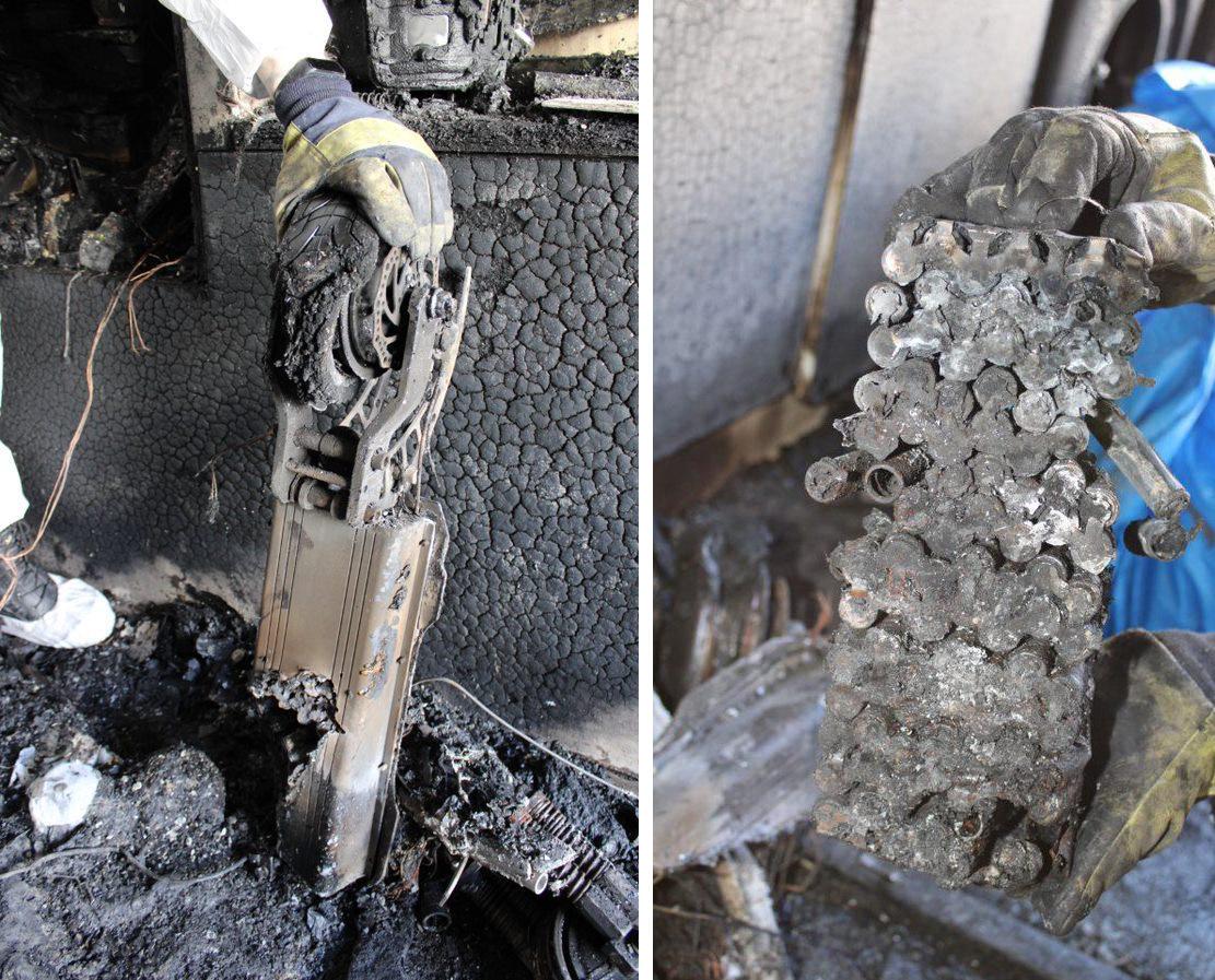 Detail showing Record's e-scooter battery, which overheated while charging and caused the apartment fire. (Courtesy of <a href="https://www.facebook.com/kentfirerescue">Kent Fire and Rescue Service</a>)