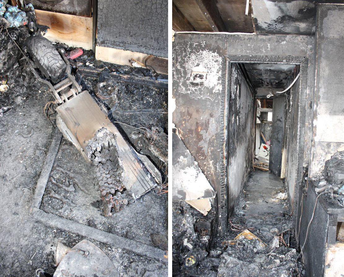 (Left) Record's e-scooter, damaged by the overheating battery; (Right) Inside Record's apartment, which was "unimaginably damaged" by the fire. (Courtesy of <a href="https://www.facebook.com/kentfirerescue">Kent Fire and Rescue Service</a>)