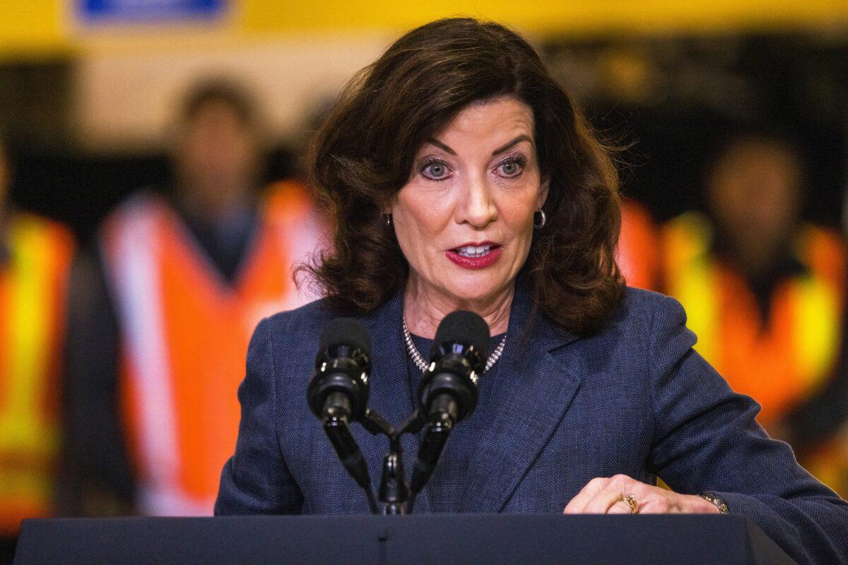 New York Gov. Kathy Hochul gives a speech in New York on Jan. 31, 2023. (Michael M. Santiago/Getty Images)