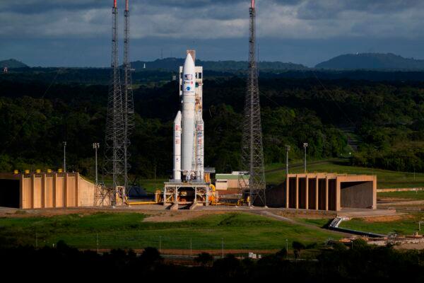 An Ariane 5 rocket carrying the Jupiter Icy Moons Explorer, Juice, spacecraft on a launch pad at Europe's Spaceport in Kourou, French Guiana, on April 12, 2023. (Stephane Corvaja/ESA via AP)