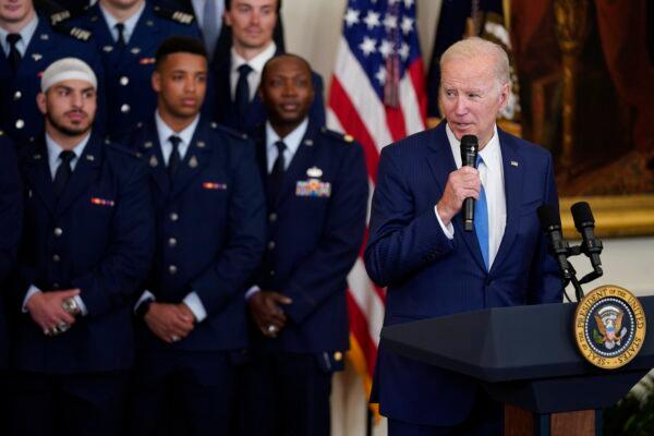 President Joe Biden speaks during an event to present the Commander-in-Chief's trophy to the Air Force Academy in the East Room of the White House on April 28, 2023. (Evan Vucci/AP Photo)