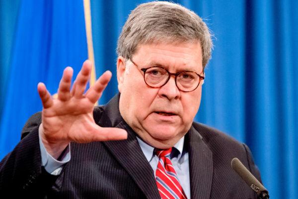 Attorney General William Barr speaks during a news conference at the Department of Justice in Washington on Dec. 21, 2020. (Michael Reynolds/Pool/AFP via Getty Images)