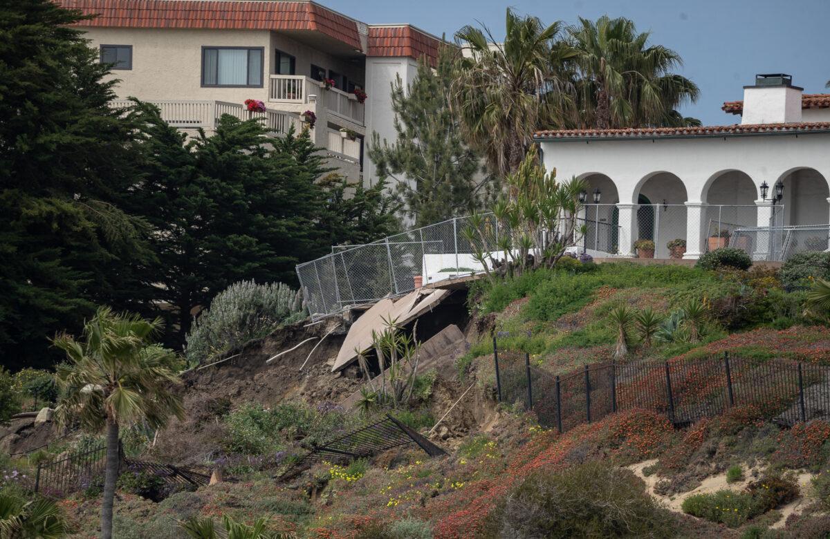 Damage is shown after a landslide hit Casa Romantica in San Clemente, Calif., on April 28, 2023. (John Fredricks/The Epoch Times)