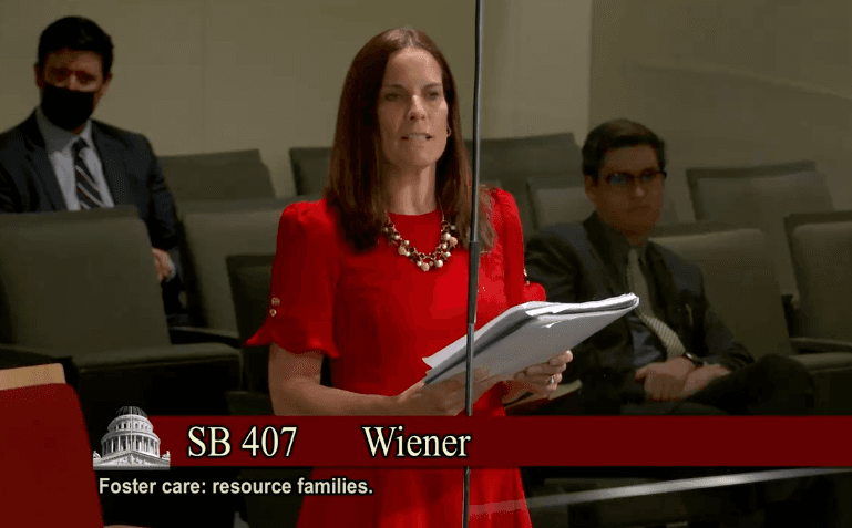 Erin Friday speaks against Senate Bill 407 at a hearing in Sacramento on April 25, 2023. (Screenshot via California State Senate)