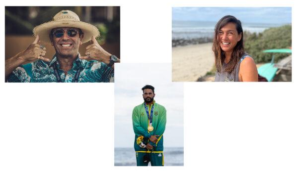 Surfing Hall of Fame Inductees (L-R) Fernando Aguerre, ítalo Ferreira, and Laylan Connelly. (Courtesy of Huntington Beach Surf and Sport)