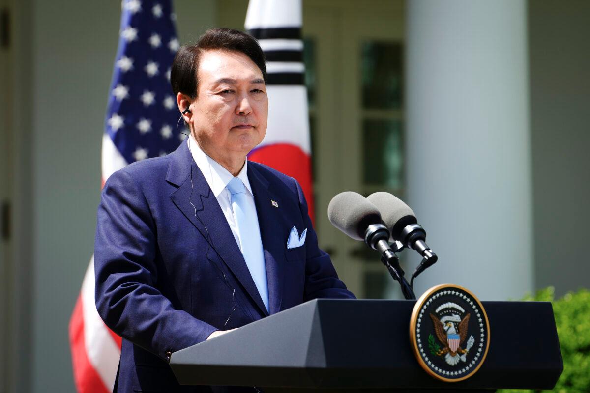 South Korean President Yoon Suk-yeol speaks at a press briefing at the White House garden in Washington on April 26, 2023. (Madalina Vasiliu/The Epoch Times)