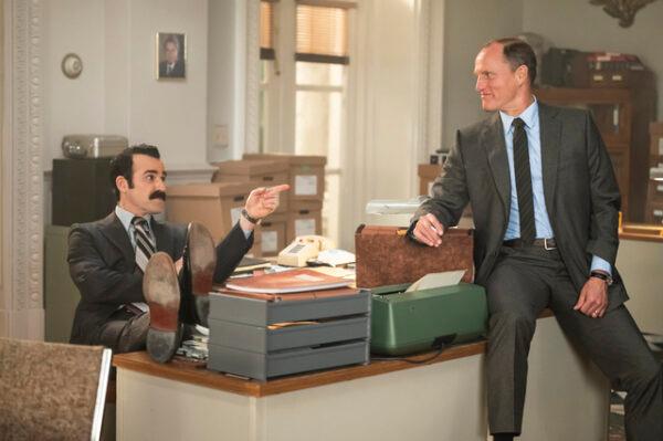 Gordon Liddy (Justin Theroux, L) and E. Howard Hunt (Woody Harrelson) are key players, in TV miniseries "White House Plumbers." (HBO Entertainment)