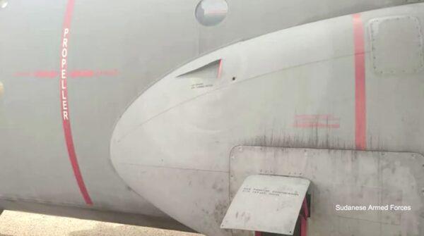 A damaged Turkish military aircraft claimed to be at Wadi Seyidna airport near Khartoum, Sudan, in a photo released by the Sudanese Armed Forces on April 28, 2023. (Sudanese Armed Forces via Reuters)