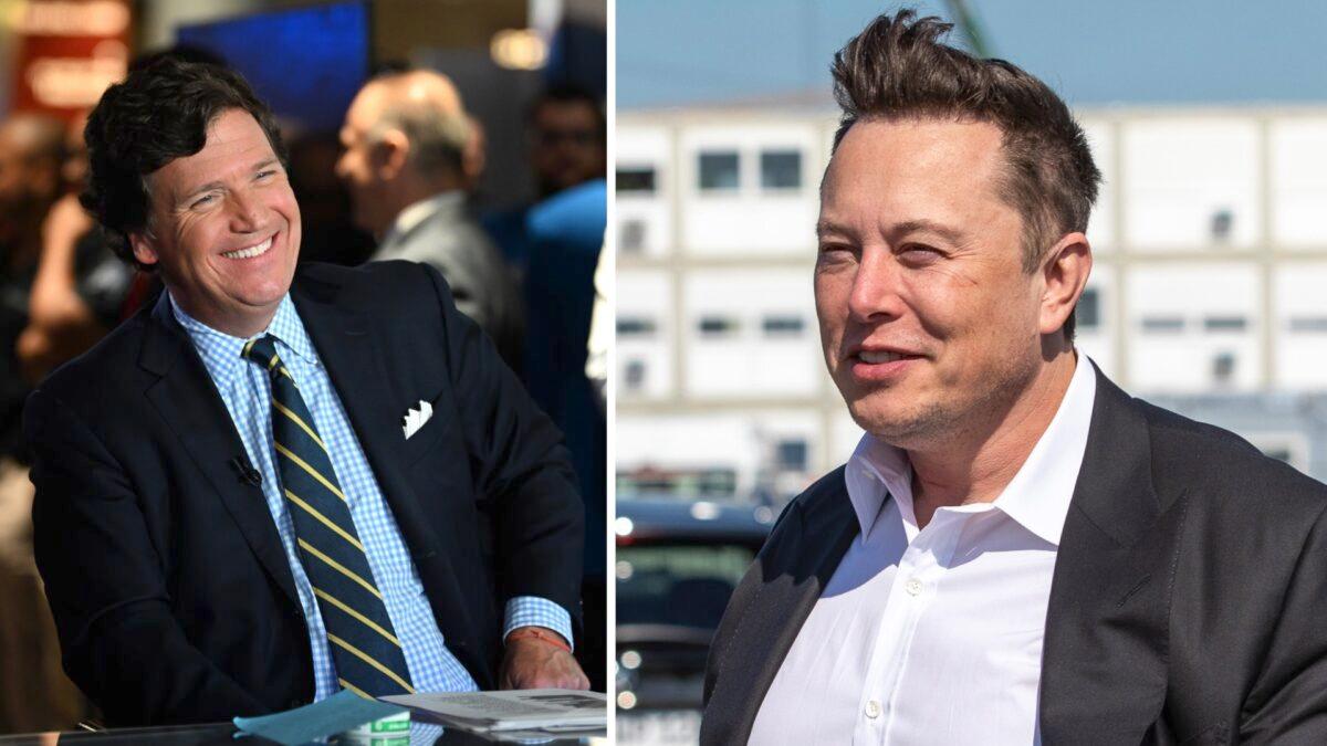Tucker Carlson (L) at the Seminole Hard Rock Hotel & Casino Hollywood in Hollywood, Fla., on Nov. 17, 2022. (Jason Koerner/Getty Images); Tesla CEO Elon Musk (R) at the construction site of the new Tesla Gigafactory near Berlin, Germany, on Sept. 3, 2020. (Maja Hitij/Getty Images)