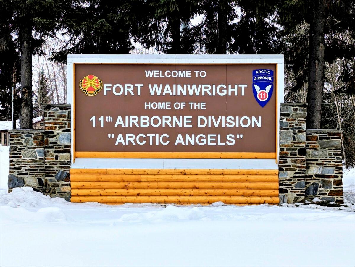 The main entry point to U.S. Army Garrison Alaska Fort Wainwright in Fairbanks, Alaska, on April 5, 2023. (Eve Baker/Fort Wainwright Public Affairs Office)