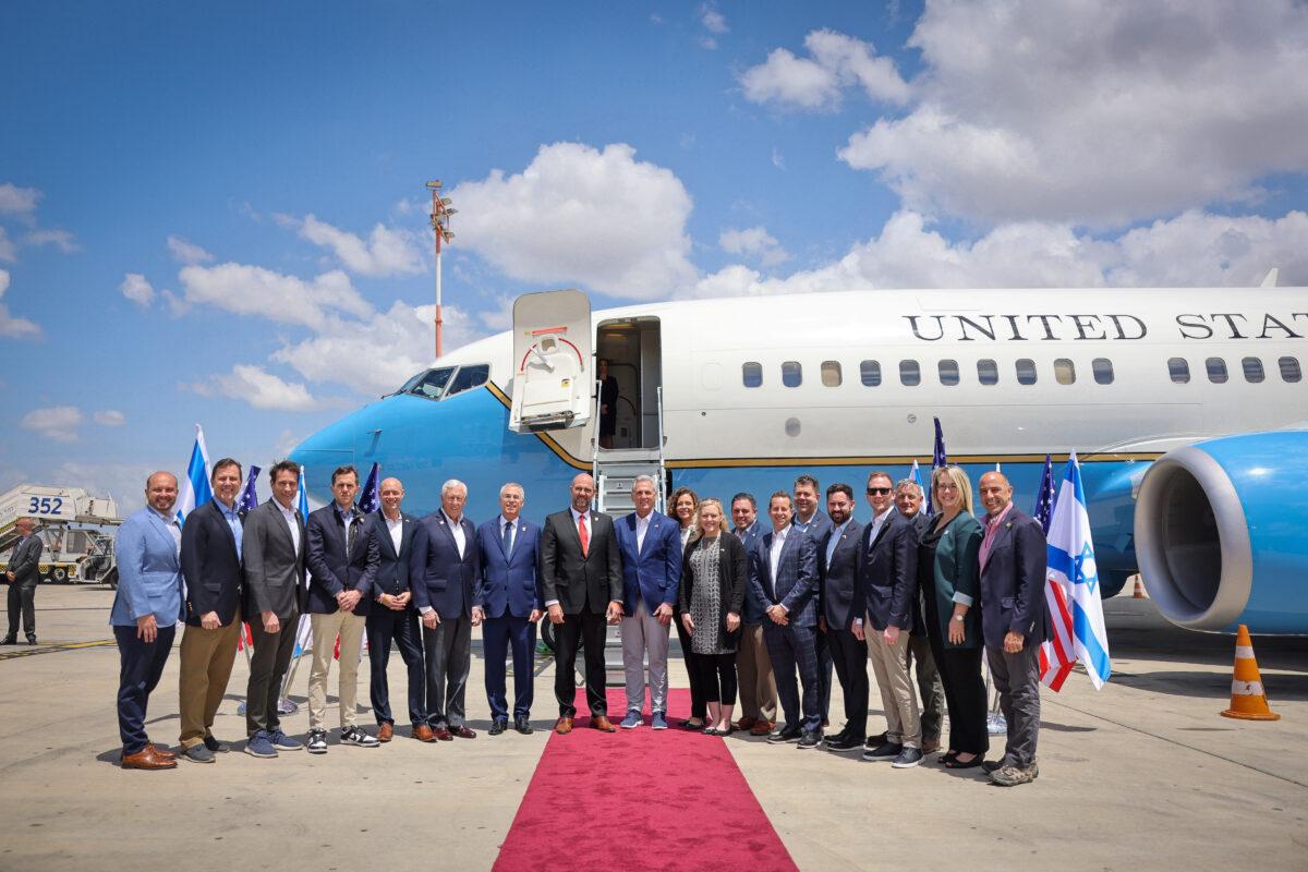 U.S. House Speaker Kevin McCarthy (R-Calif.) with members of Congress and Knesset Speaker Amir Ohana at Ben Gurion Airport, Israel, on April 30, 2023. (Noam Moskowitz/Knesset Spokesmanship Office)