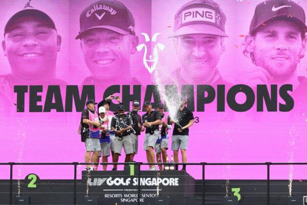 The RangeGoats GC team, Talor Gooch , Thomas Pieters, Harold Varner III and Bubba Watson celebrate after their team win in the LIV Golf Invitational—Singapore at Sentosa Golf Club in Singapore on April 30, 2023. (Suhaimi Abdullah/Getty Images)