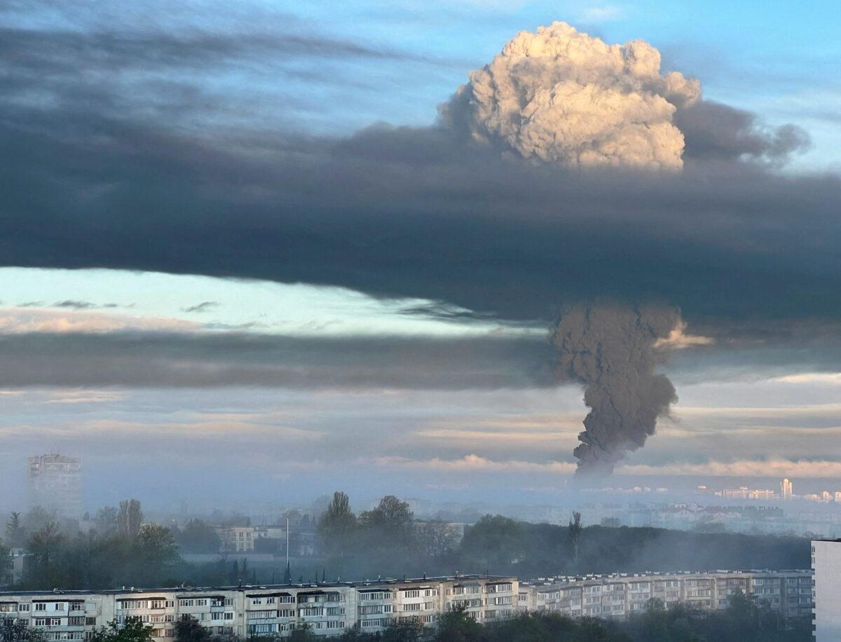 A view shows smoke rising following an alleged drone attack in Sevastopol, Crimea, April 29, 2023. (Stringer/REUTERS)