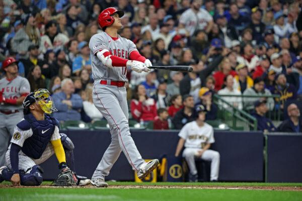 Shohei Ohtani (17) of the Los Angeles Angels hits a home run during the third inning against the Milwaukee Brewers at American Family Field in Milwaukee on April 30, 2023. (Stacy Revere/Getty Images)