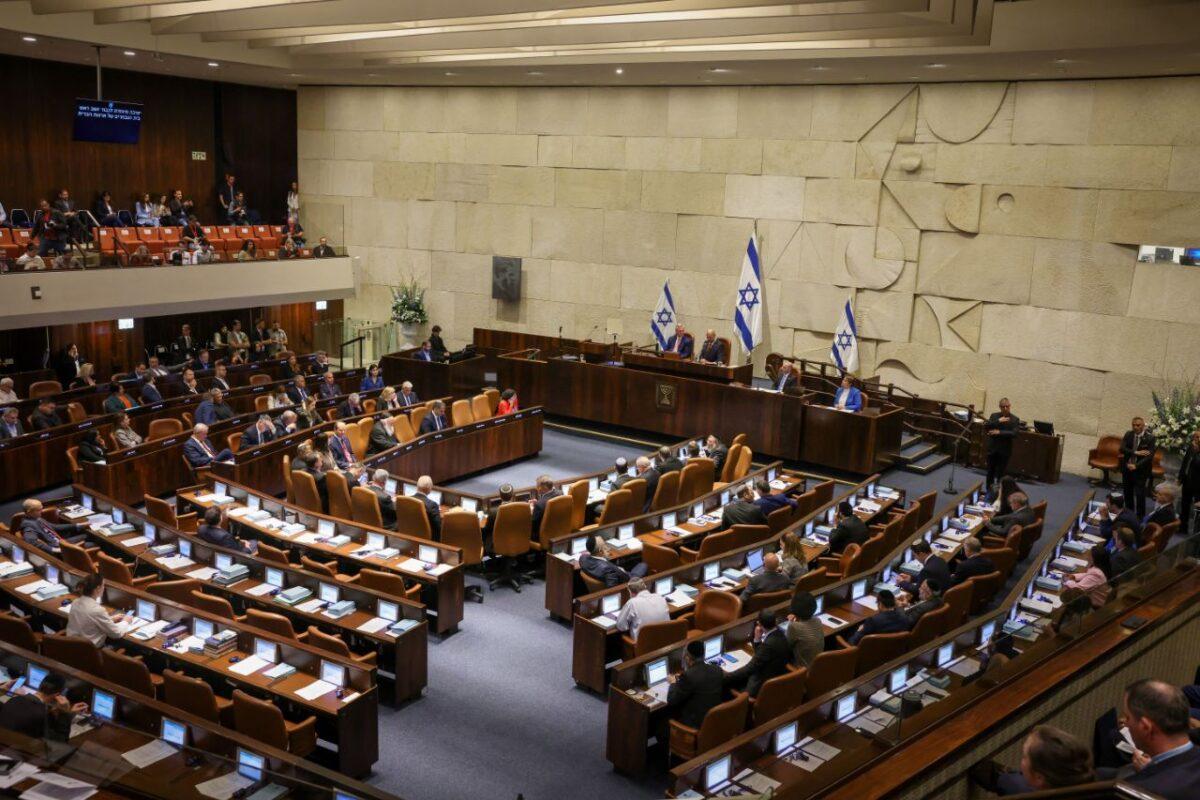 U.S. Speaker of the House Kevin McCarthy (L) is seated beside Knesset Speaker Amir Ohana (R) at the Israeli Knesset, in Jerusalem, Israel, on May 1, 2023. (Noam Moskowitz/Knesset Press Office)
