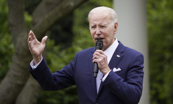 President Joe Biden speaks in the Rose Garden at the White House on May 1, 2023. (Madalina Vasiliu/The Epoch Times)