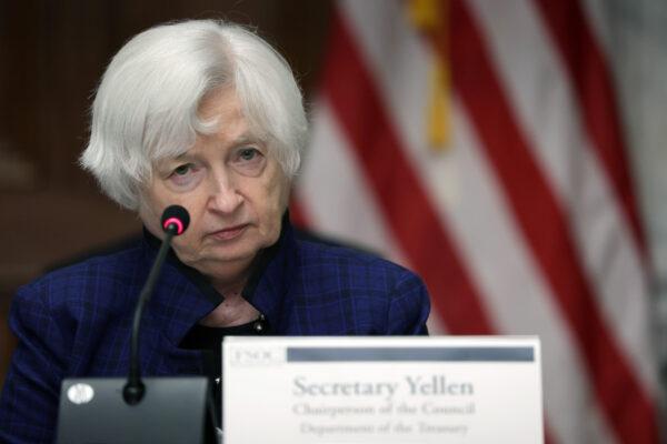 Treasury Secretary Janet Yellen listens during an open session of a Financial Stability Oversight Council meeting at the Department of the Treasury on April 21, 2023 in Washington. (Alex Wong/Getty Images)