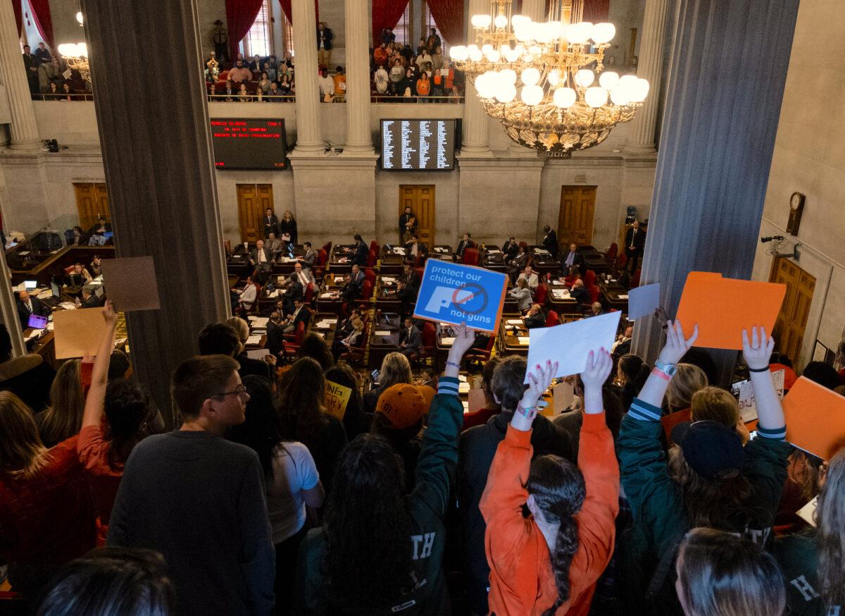 Protesters gather inside the Tennessee State Capitol to call for an end to shootings and support more restrictive gun laws in Nashville, Tenn., on March 30, 2023. (Seth Herald/Getty Images)
