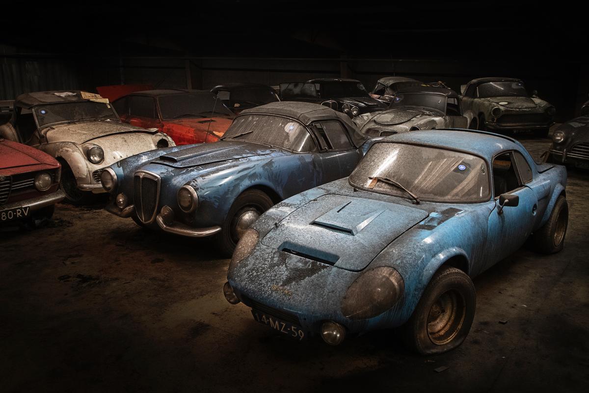 An assortment of classic cars in Ad Palmen's collection, featuring a blue Matra Bonnet Djet V 1965, to start bidding at 1,000 euros. (Courtesy of <a href="https://www.facebook.com/classiccarauctionsNL/">Classic Car Auctions</a>/<a href="https://www.classiccar-auctions.com/palmen">classiccar-auctions.com</a>)
