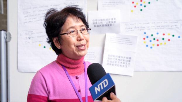 Mingchu Pearl Huynh, the president of the Northeast Philadelphia Chinese Association, at the Mayoral Open House Meeting at Community College of Philadelphia on April 29, 2023. (William Huang/The Epoch Times)