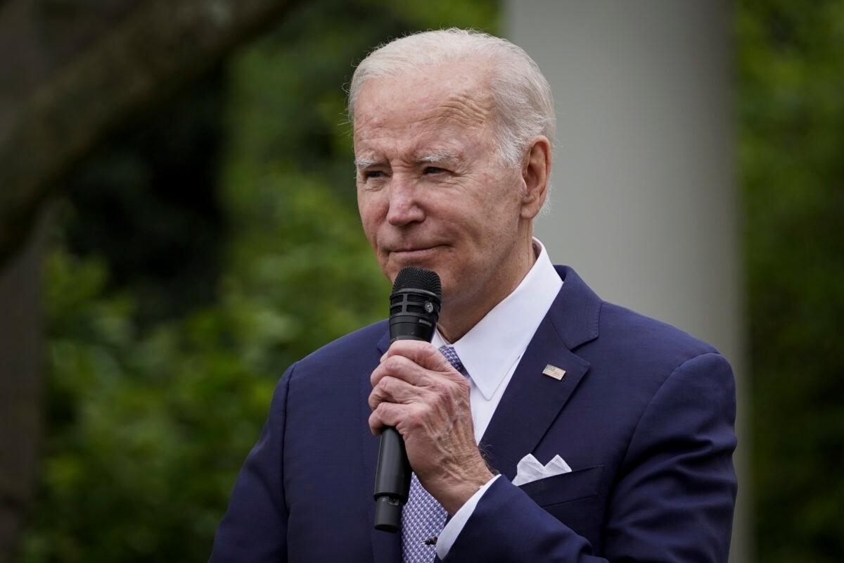 President Joe Biden speaks about "building on the small business boom" during National Small Business Week in the Rose Garden at the White House in Washington on May 1, 2023. (Madalina Vasiliu/The Epoch Times)