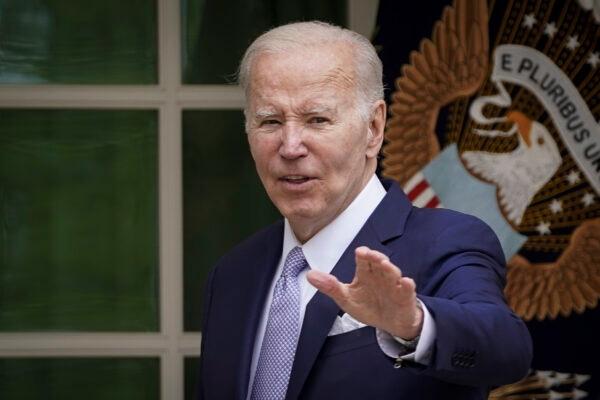 President Joe Biden speaks about "building on the small business boom" during National Small Business Week in the Rose Garden at the White House in Washington on May 1, 2023. (Madalina Vasiliu/The Epoch Times)