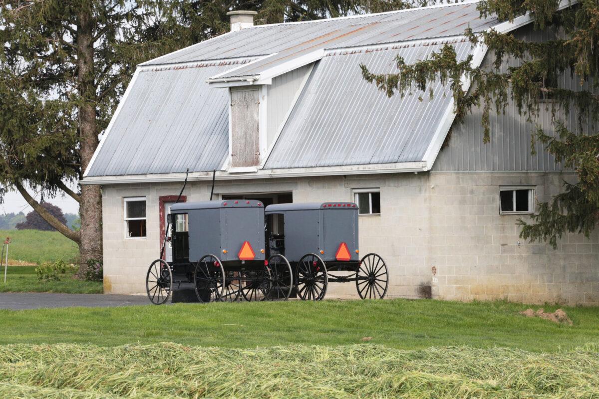 Buggies sit outside a house in Lancaster County, Pa., on April 27, 2023. (Richard Moore/The Epoch Times)