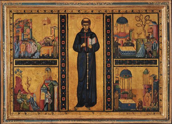 “Saint Francis and Four Posthumous Miracles,” circa 1253, by Master of the Treasury. Tempera and gold on panel; 45 1/4 inches by 63 inches by 5 1/2 inches. Treasury Museum of the Basilica of St. Francis, in Assisi, Italy. (Photographic archive of the Sacred Convent of S. Francesco in Assisi, Italy)