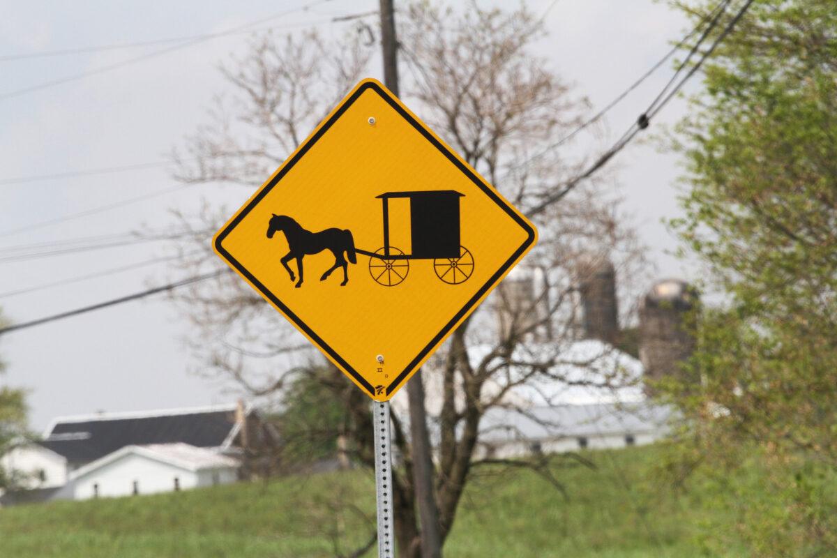 A road sign warning car drivers to watch for horse-drawn buggies on the roads of Lancaster County, Pa., on April 28, 2023. (Richard Moore/The Epoch Times)