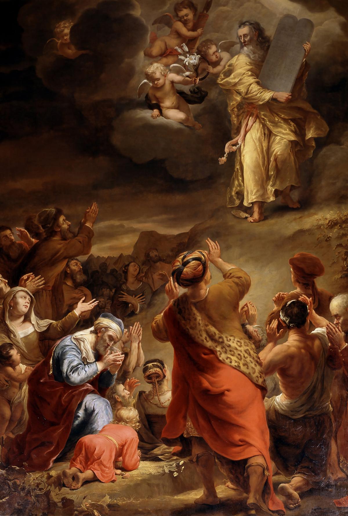 "Moses Descends From Mount Sinai With the Ten Commandments," 1662, by Ferdinand Bol. Oil on canvas. Royal Palace of Amsterdam. (Public Domain)