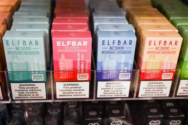 Disposable vaping e-cigarette products are displayed in a convenience store in El Segundo, California, on June 23, 2022. (Patrick T. Fallon/AFP via Getty Images)