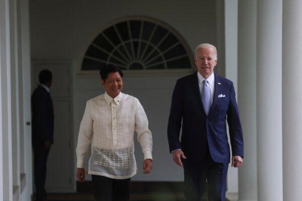 Philippine President Ferdinand Marcos Jr. and U.S. President Joe Biden walk up the West Wing colonnade on their way to the Oval Office at the White House in Washington on May 1, 2023. (Leah Millis/Pool/AFP via Getty Images)