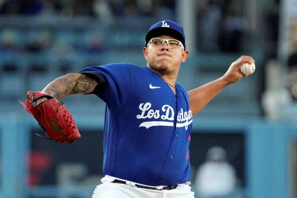 <br/>Los Angeles Dodgers starting pitcher Julio Urias throws to the plate during the first inning of a baseball game against the Philadelphia Phillies, in Los Angeles on May 2, 2023. (Mark J. Terrill/AP Photo)
