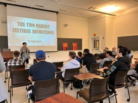 Chinese-American activist Xi Van Fleet gives a seminar at Gore Hall, at the University of Delaware, on May 1, 2023. (May Lin/ The Epoch Times)